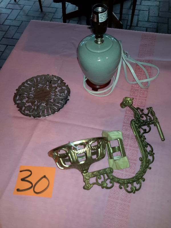 lot 30 image: Silver Plate Trivet, Kerosene Lamp Holder with Wall bracket  Small Lamp 10 in t.