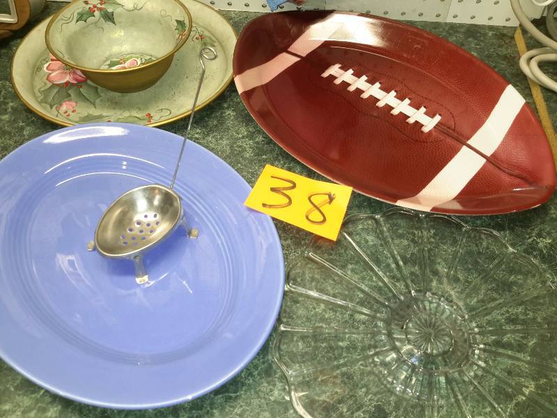 lot 38 image: Nice serving platters. Includes plastic Football shaped..