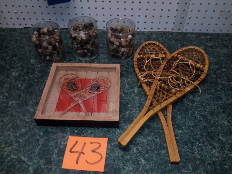 lot 43 image: Snow Shoe display.. Small Display Snow Shoes, Polished stone votive candle holders