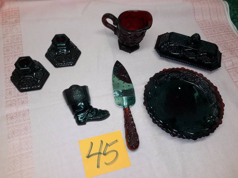 lot 45 image: Misc. CRANBERRY Glass Serving and decorative items