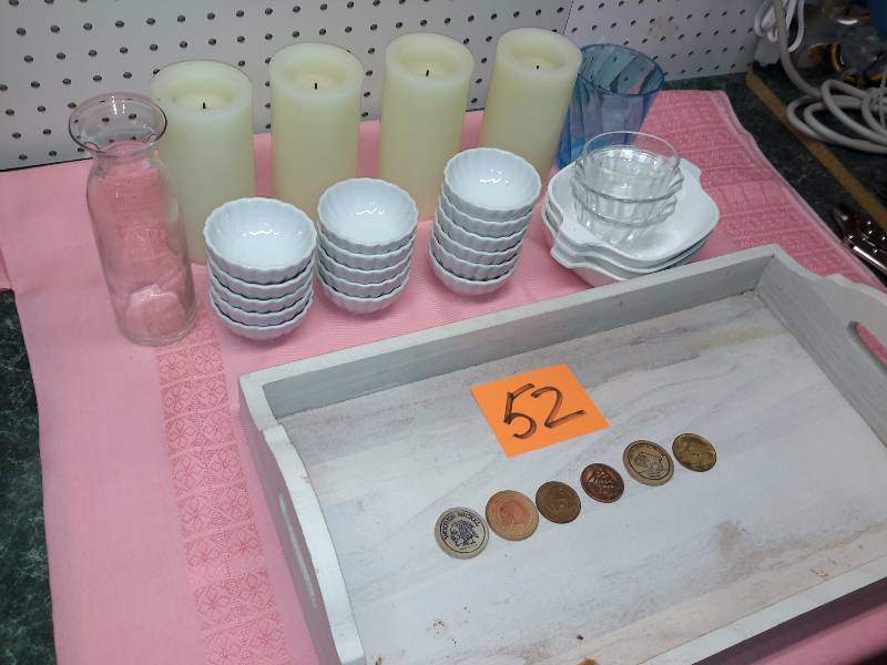 lot 52 image: 4 LED Candles.. Lot of glass serving dishes.. Serving tray, Misc. Commemorative coins