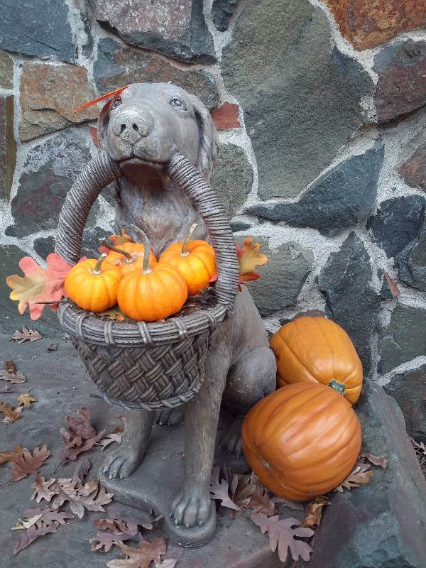 lot 101 image: Heavy Cement Dog with Basket in Mouth..