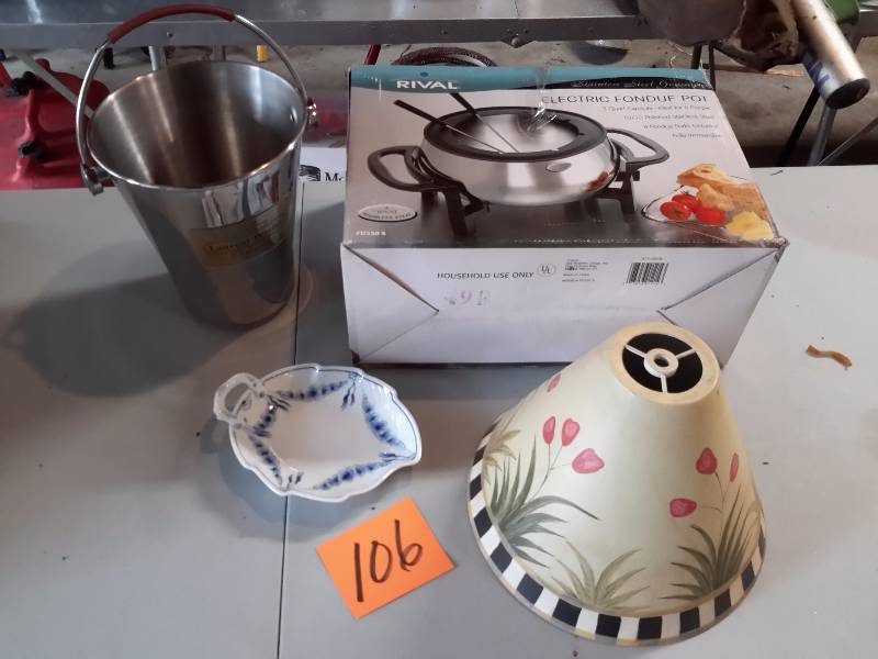 lot 106 image: Electric Fondu pot, Champagne bucket, Metal lamp shade, Scandinavian dish.