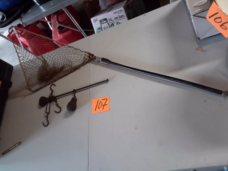lot 107 image: Antique net used by First Class Fly Fisherman.  Antique hanging Scale.