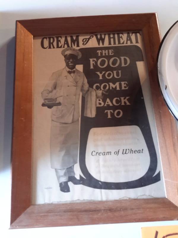 lot 158 image: Cream of Wheat Framed Advertising piece.. Porcelain wash pan