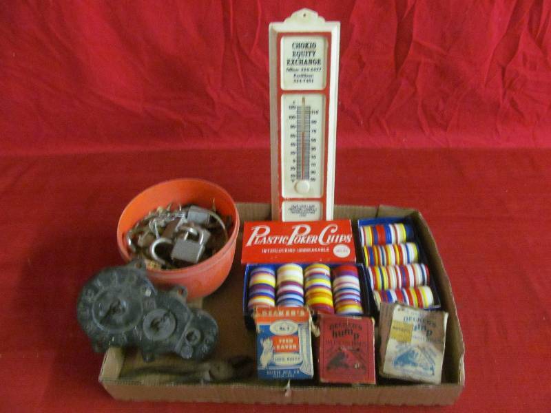 lot 153 image: poker chips, shoat rings, padlocks,keys, thermometer