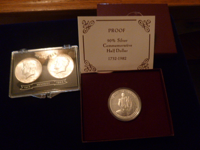 2 1964 Kennedy Half Dollars and 1982 George Washington Coin