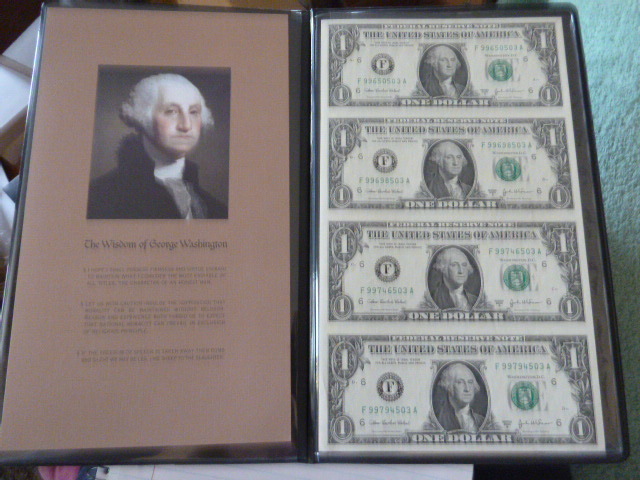 2003 A Uncut Sheet of 4 Crisp Uncirculated One Dollar Bills