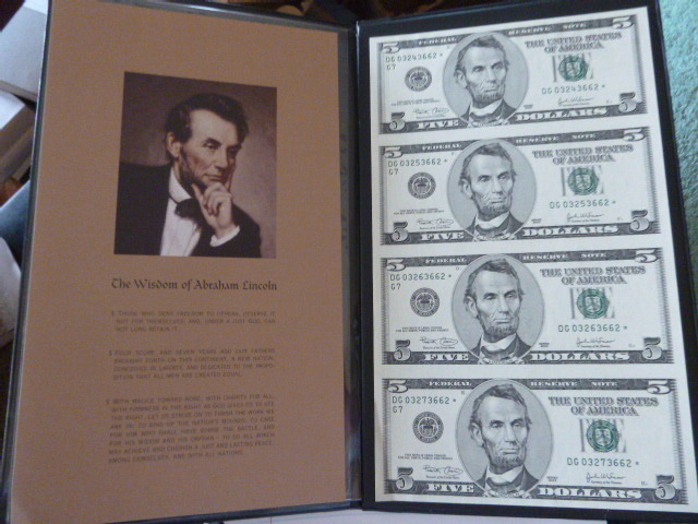 2003 Uncut Sheet of 4 Crisp Uncirculated Five Dollar Bills