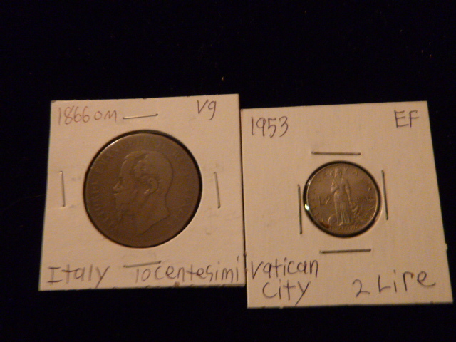 1866 Italy 10 Centesimi and 1953 Vatican City 2 Lire