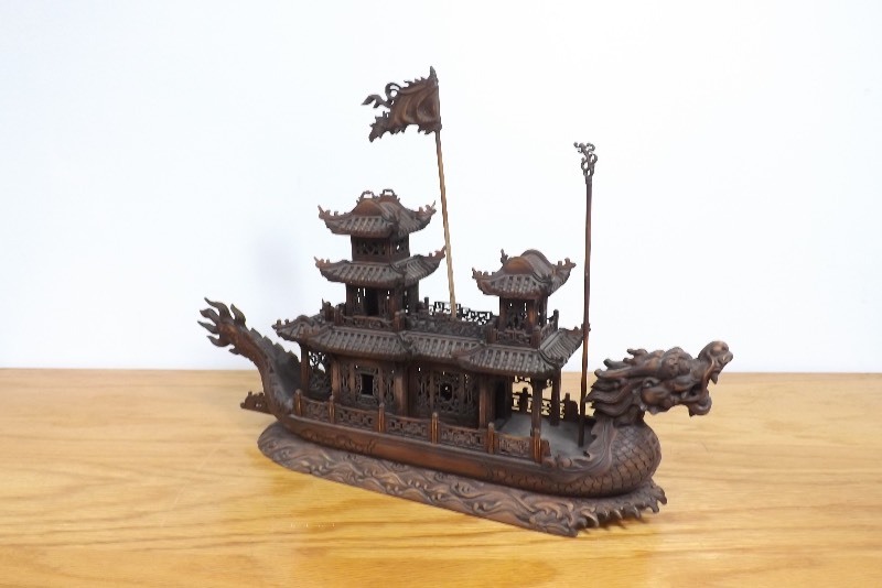 Vintage Larger Intricately Detailed High End Carved Wood Asian Dragon Ship