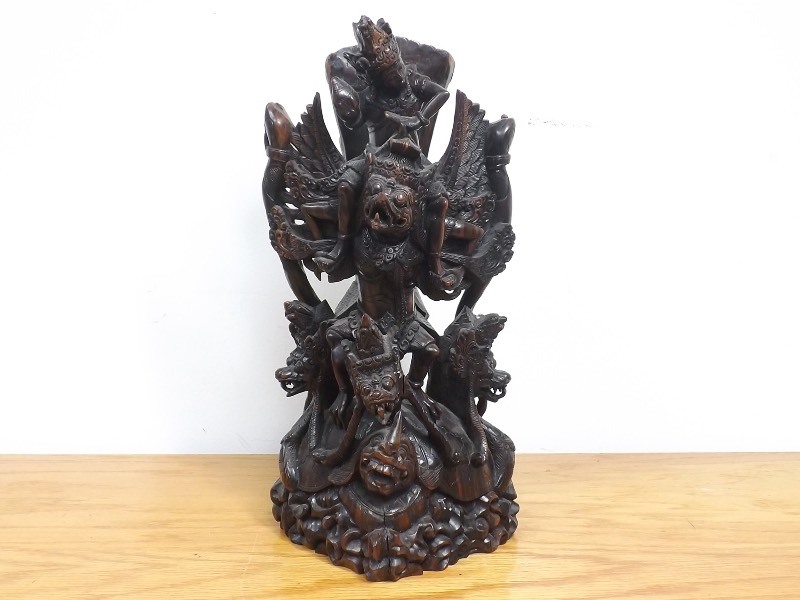 Intricately Detailed Hand Carved Wood Dragon Asian God Sculpture