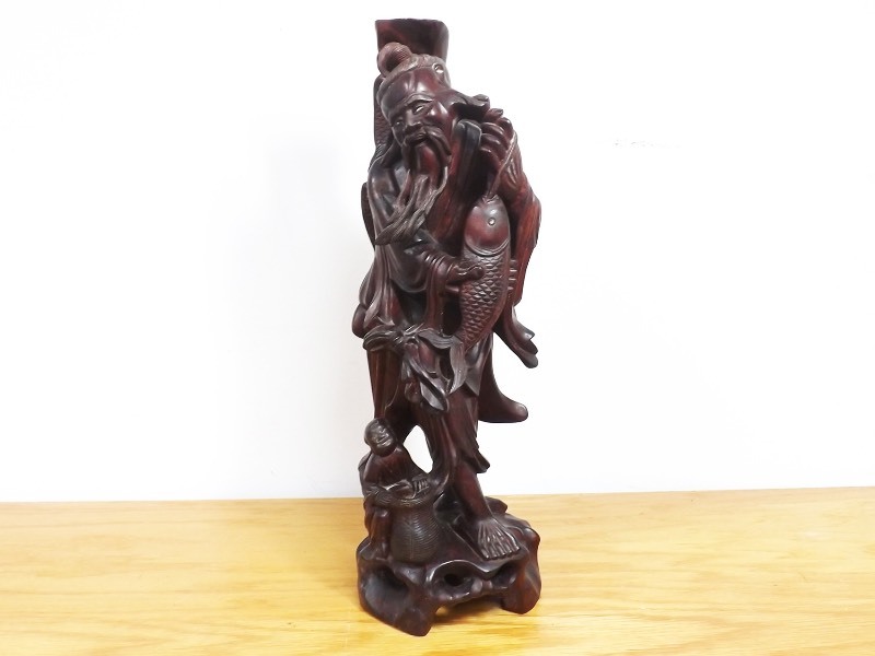 Antique Chinese Wood Hand Carved Fisherman and Child