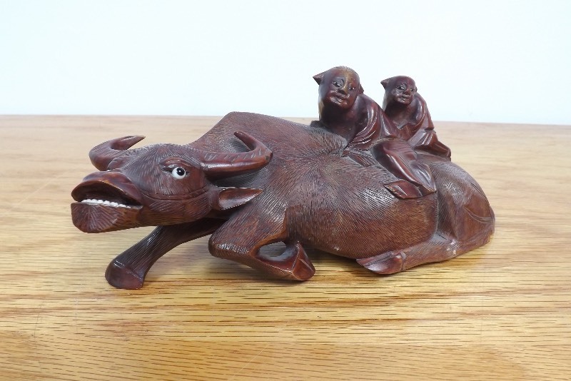 Asian Hand Carved Wood Ox Bull Children Sculpture