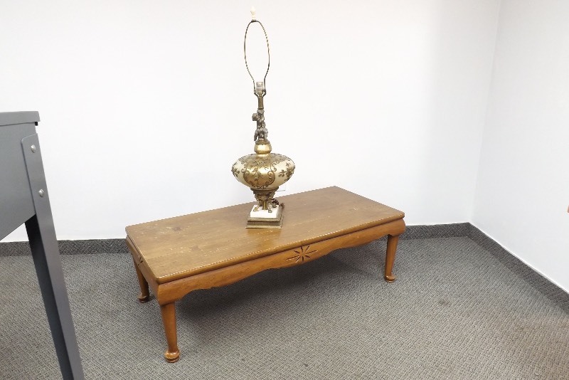Vintage Gilded Brass Cherub Lamp with Marble Base, and Mid Century American Drexel Solid Wood Coffee Table
