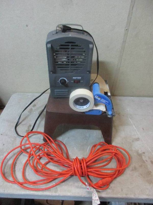 lot 82 image: tape and paper dispenser Patton heater  step stool extension cord