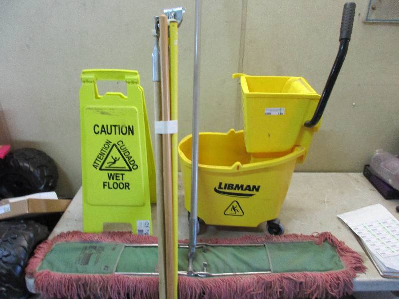 lot 129 image: Janitor supplies -  mop bucket infinity twist sweeper wet floor sign and handles