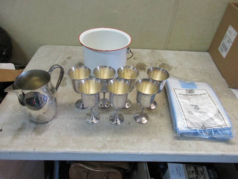 lot 137 image: metal water picture and matching glasses micro fiber rags