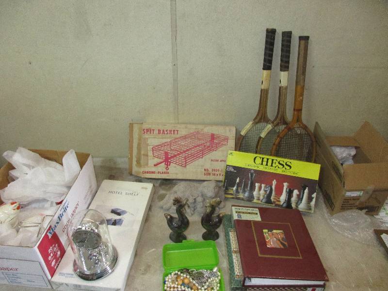lot 218 image: vintage tennis rackets nick nacs clock picture frames  chess game