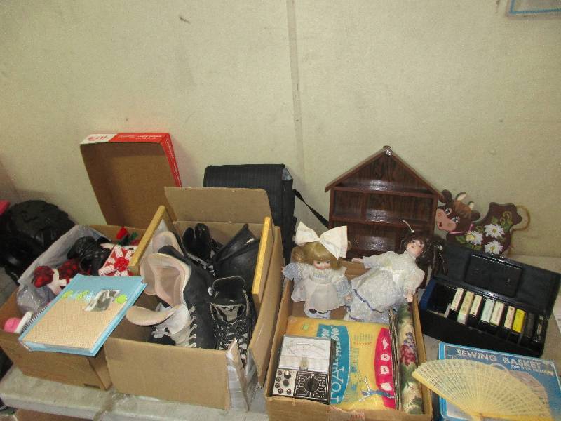 lot 219 image: ceramic dolls 8 track tapes sewing basket roller blades and pads Victoria secret PINK dogs