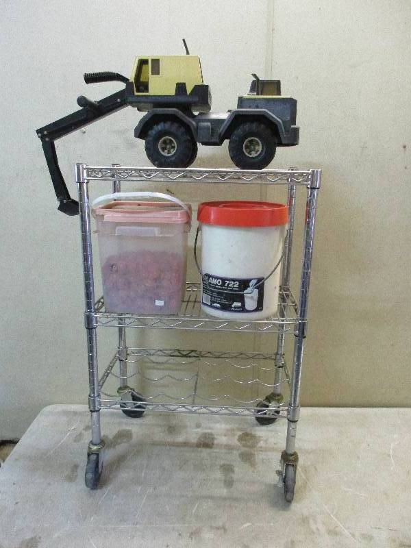 lot 241 image: shelf on wheels w tonka truck bait bucket nails and misc parts