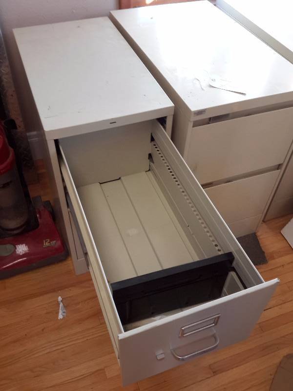 3 metal, two drawer file cabinets.. 1, letter size, 2 legal size (one locked with no key).