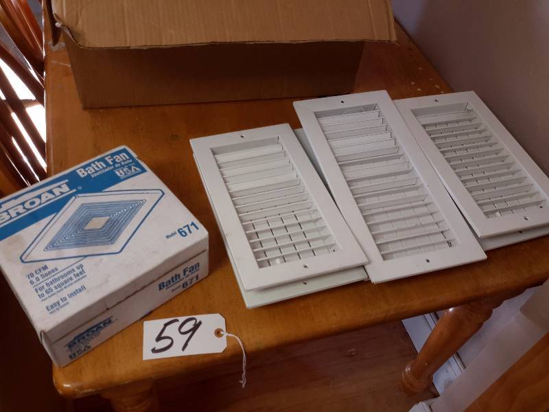 6, 12 x 6in Louvered Vents, Bathroom Fan (new in box).