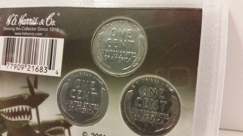 Set of 1943 P, D and S (Philadelphia, Denver and San Francisco Mints) Emergency Issue WWII Pennies in a Decorative Case