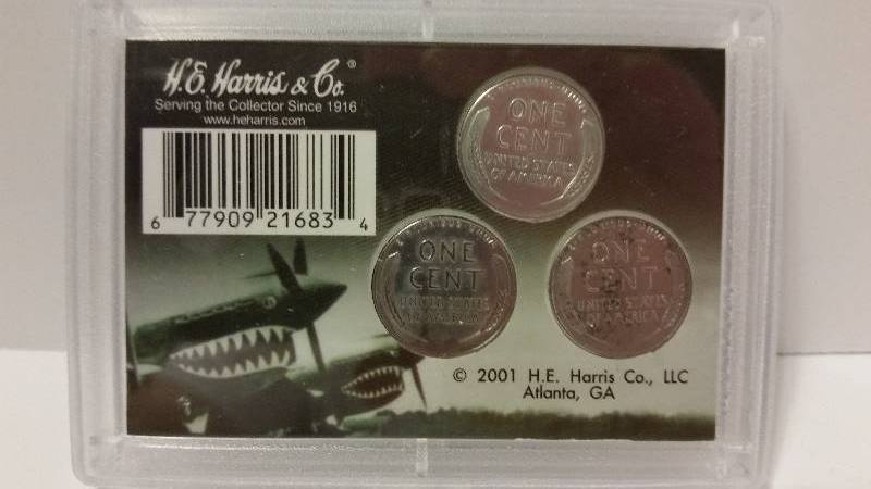 Set of 1943 P, D and S (Philadelphia, Denver and San Francisco Mints) Emergency Issue WWII Pennies in a Decorative Case