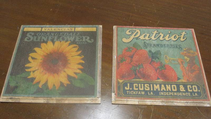 lot 20 image: 2 Vintage style fruit crate advertising signs