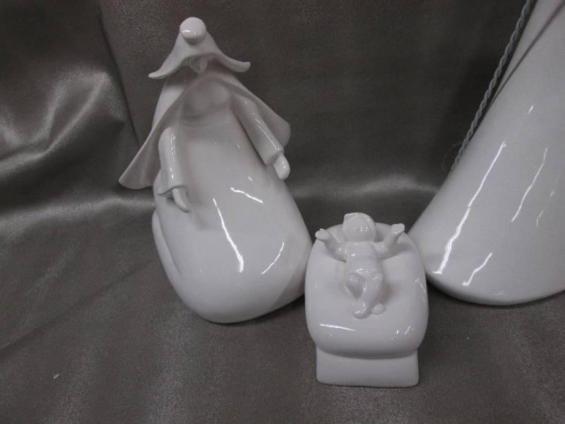 3 pc Glazed White Ceramic Holy Fami...