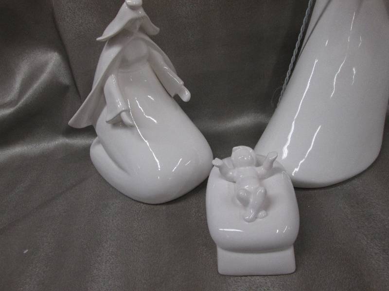 3 pc Glazed White Ceramic Holy Fami...