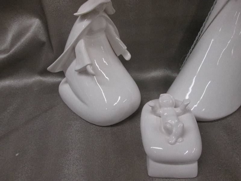 3 pc Glazed White Ceramic Holy Fami...