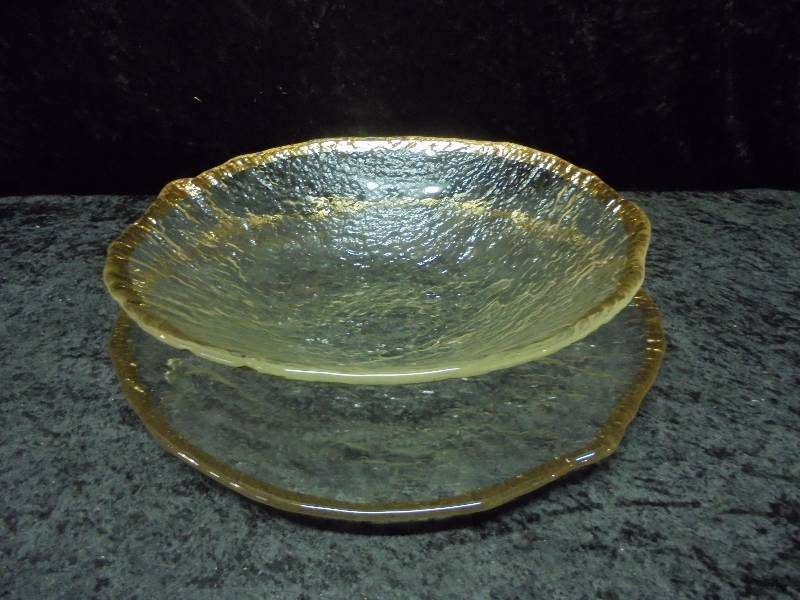 Large Glass Bowl & Platter Set, Gold Trimmed