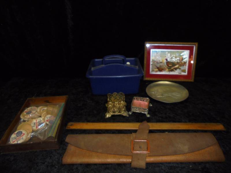 Lot - Pheasant Print, Vintage Toothpick Holder, Ruler, etc