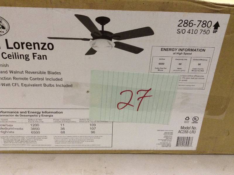 lot 27 image: Hampton Bay San Lorenzo 52 in. Rustic Ceiling Fan never used stock and actual photos used to display item