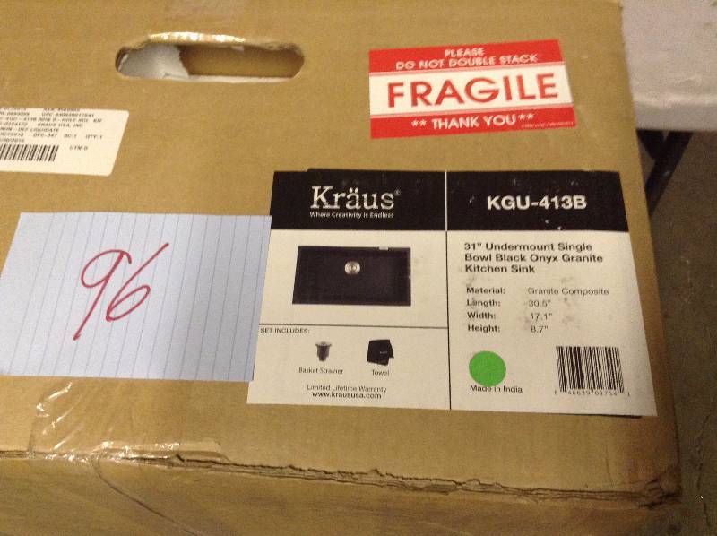 lot 96 image: Kraus KGU-413B 31 inch Undermount Single Bowl Black Onyx Granite Kitchen Sink Never used actual and stock photos used to display item