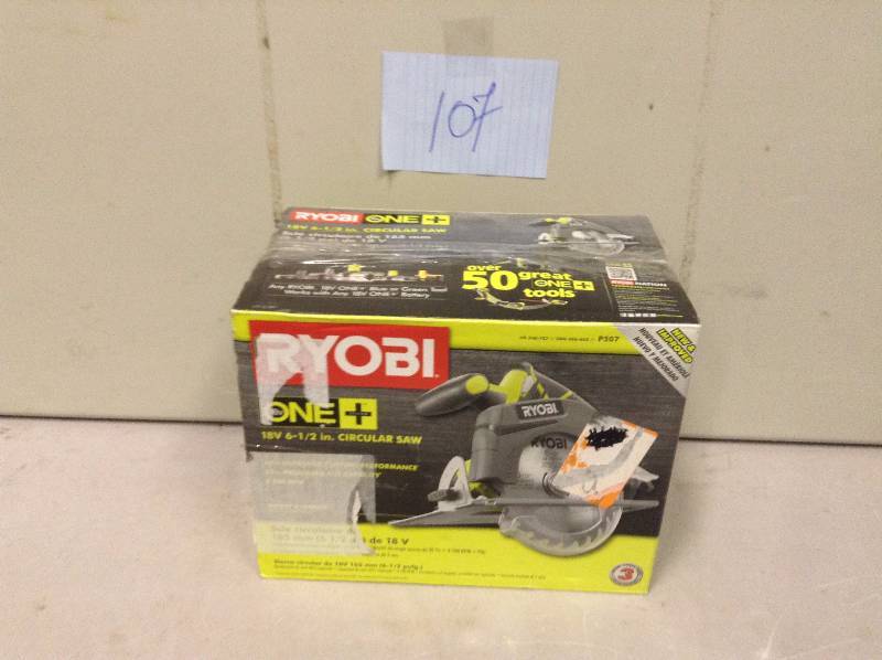 lot 107 image: Ryobi ONE 18-Volt 6-12 in. Cordless Circular Saw (Tool Only) never used stock and actual photos used