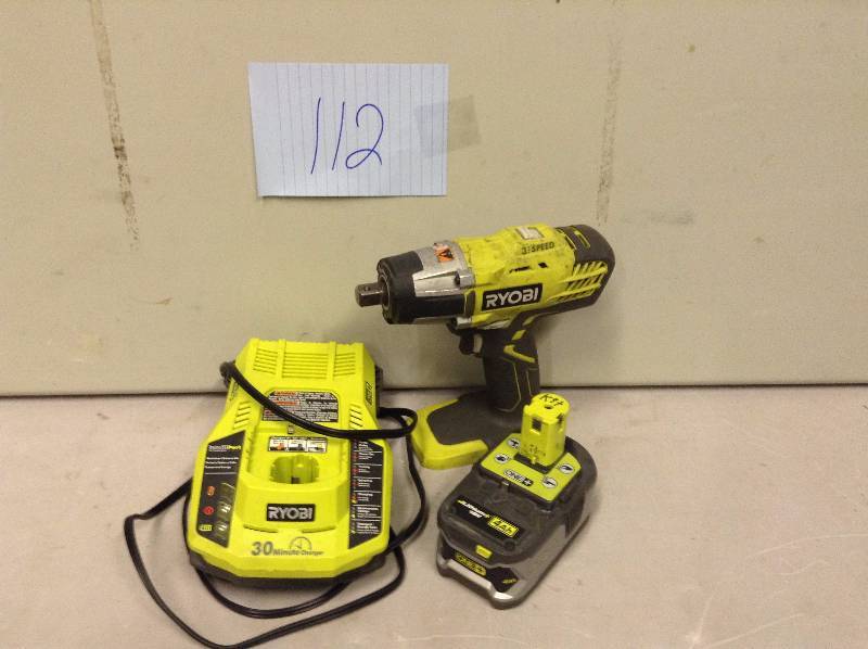 lot 112 image: Ryobi ONE 18-Volt 3-Speed Lithium-Ion 12 in. Cordless Impact Wrench Kit never used stock and actual pictures used