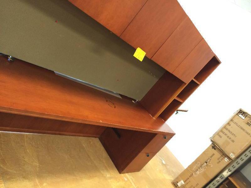 lot 16 image: L Shaped Office Desk. 7 Pieces 5 Drawer 5 Doors on Lighted Hutch 102 X 96 X 74