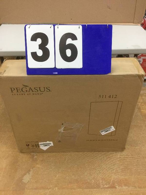 lot 36 image: Pegasus 24 in. x 30 in. Recessed or Surface Mount Medicine Cabinet with Silver Beveled Mirror stock and actual photos used to display item