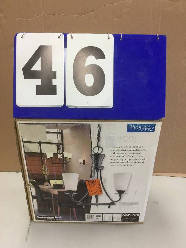 lot 46 image: Progress Lighting Cantata Collection 3-Light Forged Bronze Chandelier stock and actual photos used to display item