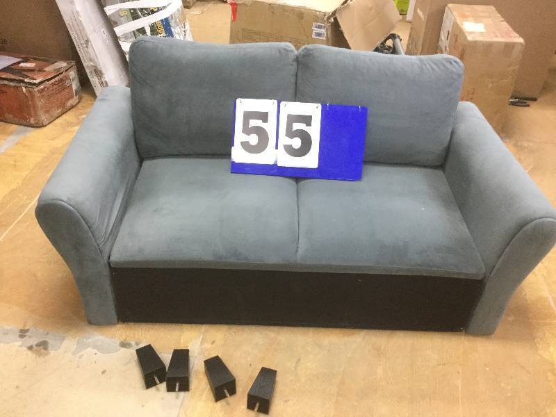 lot 55 image: Westin Kid Loveseat with Rolled Arms Dark Gray stock and actual photos used to display item