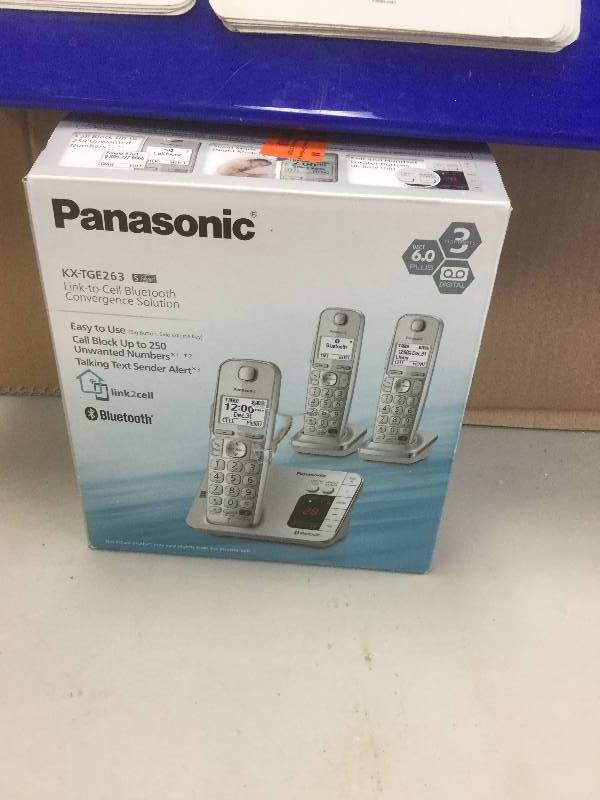 lot 62 image: Panasonic KX-TGE463S Link2Cell Bluetooth Cordless Phone with Answering Machine- 3 Handsets