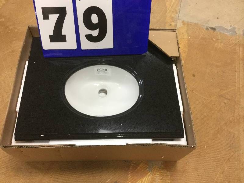 lot 79 image: Pegasus 25 in. x 19 in. Granite Vanity Top in Black with White Bowl and 4 in. Faucet Spread stock and actual photos used to display item