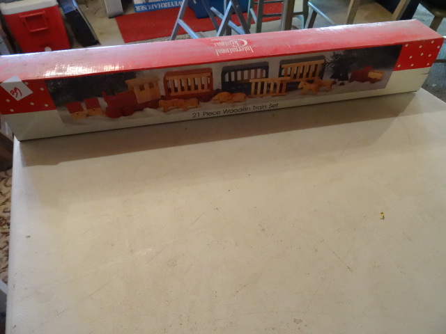 lot 39 image: 21 piece Wooden Train Set  New in Box,