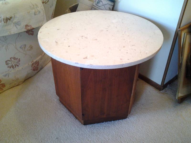 Hexagon Shape-Storage Style End Table-With Round Marble Top