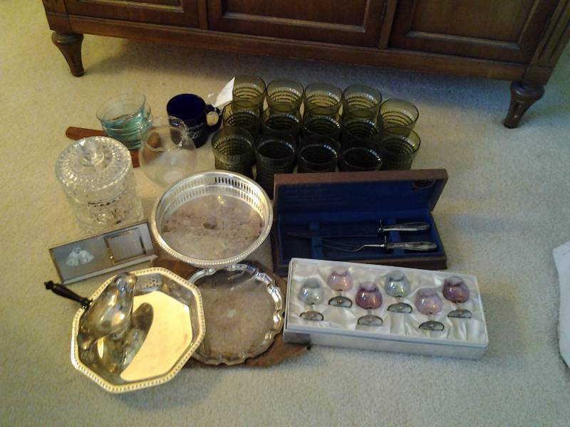 Set Of Cordials, 14-Green Glass Tumblers, Crystal Biscuit Jar, Misc