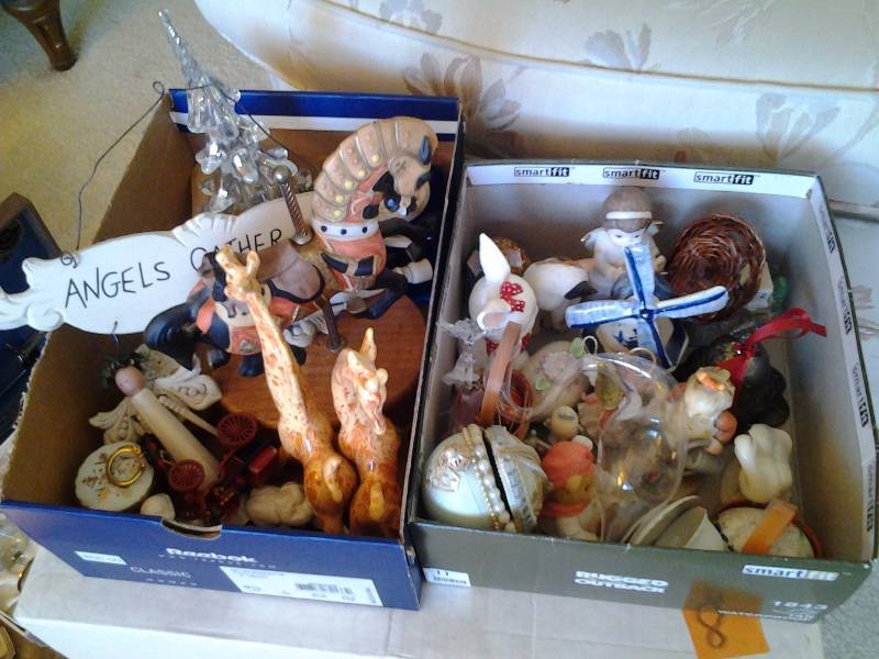 2-Shoe Boxes Full Of Miniatures & Collectibles (Delfts Windmill, Music Box, Figurines)