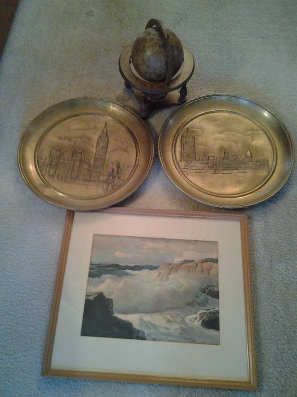 2-Brass Wall Decor, Globe, Print Of The Sea